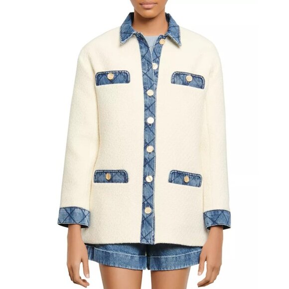 Sandro Womens Chelby Contrast Button Up Tweed Jacket Wool Blend Ivory Size 34